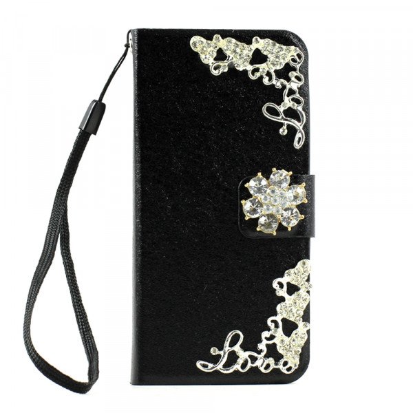 Wholesale iPhone 5 5S Crystal Flip Leather Wallet Case with Stand Strap (Mini Flower Black)